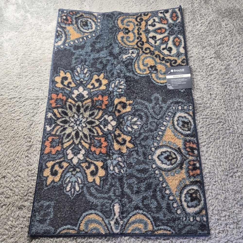 Broyhill Ornamental Accent Rug 63168 Deep Blue 20x34 Washable‎ Medallion Mat USA